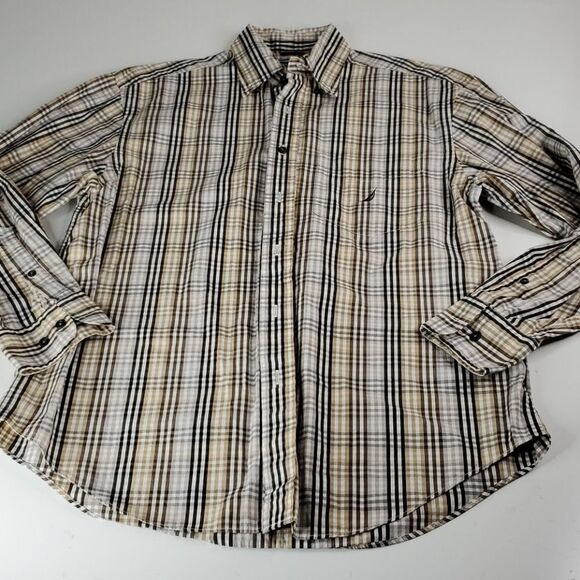 M NAUTICA 80'S Sailing TWO PLY COTTON tan black PLAID BUTTON DOWN SHIRT Medium - Picture 2 of 11